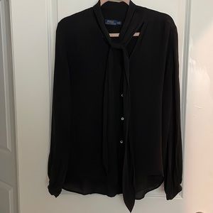 Silk Polo Ralph Lauren Tie Neck Top Blouse Work Black